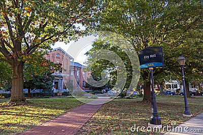 the Park in front of the city hall building in Frederick, Maryland Editorial Stock Photo