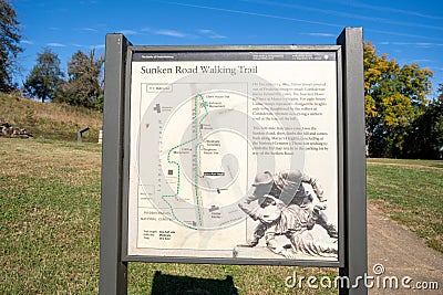 Sign and information about the Battle of Fredericksburg - US Civil War - Sunken Road Editorial Stock Photo
