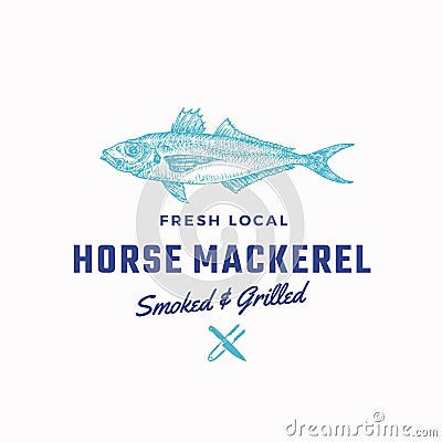 Fredh Local Horse Mackerel Smoked and Grilled. Abstract Vector Sign, Symbol or Logo Template. Hand Drawn Fish with Vector Illustration