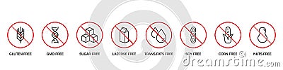 Free Allergen Ingredient Line Black Icon Set. No Sugar, GMO, Gluten, Dairy, Trans Fat, Soy, Corn, Nuts Stop Sign Vector Illustration