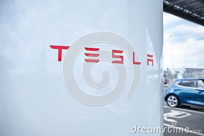 Free charging station, Tesla-Supercharger v4 Lounge, Power Charger ev in Europe, alternative energy, technology and innovation, Editorial Stock Photo