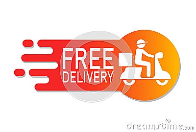 Free delivery advertisement label with delivery man riding motorcycle icon, Special offer promotion price tag, Vector illustration Vector Illustration