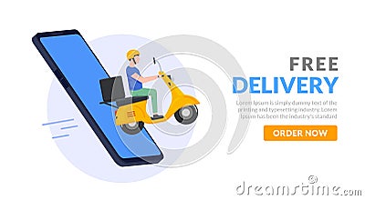 Free delivery boy phone service. Delivery man food or pizza motorcycle service, online order courier Vector Illustration