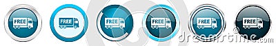 Free delivery silver metallic chrome border icons in 6 options, set of web blue round buttons isolated on white background Stock Photo