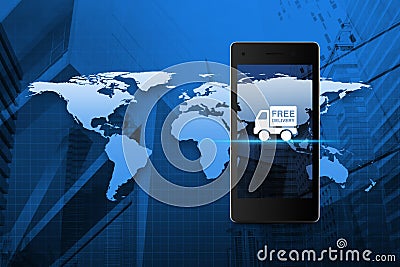 Free delivery truck icon on modern smart phone screen over map a Stock Photo