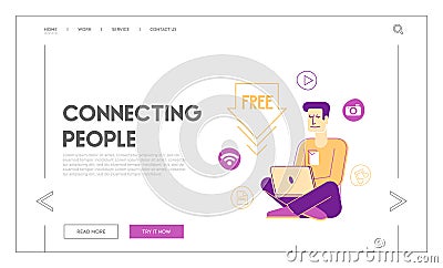 Free Download, Torrent Data Piracy from Servers Landing Page Template. Young Man Computer User Downloading Vector Illustration