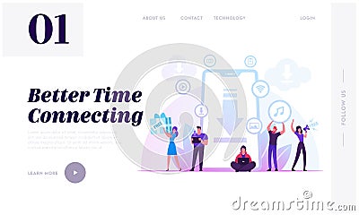 Free Download Website Landing Page. Characters at Huge Smartphone Transfer and Sharing Files Using Torrent Servers Vector Illustration