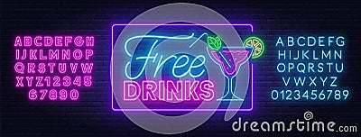 Free drinks neon sign on brick wall background. Vector Illustration