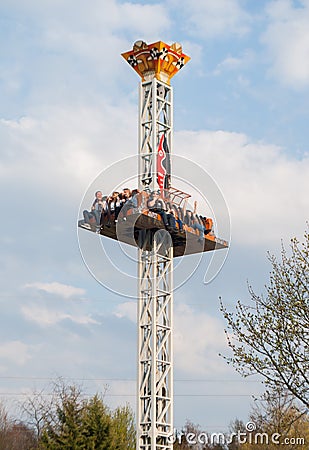 Free fall tower in amusement park. Extreme attraction Editorial Stock Photo