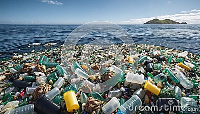 Free-floating industrial plastic waste in the ocean and on beaches, massively polluting coastal regions and waters Stock Photo