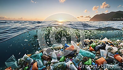 Free-floating industrial plastic waste in the ocean and on beaches, massively polluting coastal regions and waters Stock Photo