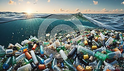 Free-floating industrial plastic waste in the ocean and on beaches, massively polluting coastal regions and waters Stock Photo