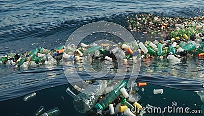 Free-floating industrial plastic waste in the ocean and on beaches, massively polluting coastal regions and waters Stock Photo