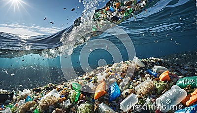 Free-floating industrial plastic waste in the ocean and on beaches, massively polluting coastal regions and waters Stock Photo