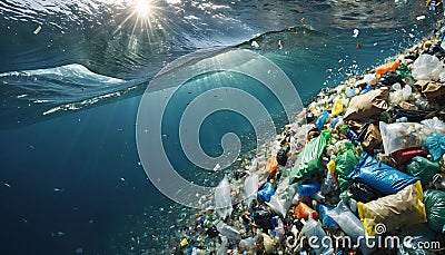 Free-floating industrial plastic waste in the ocean and on beaches, massively polluting coastal regions and waters Stock Photo