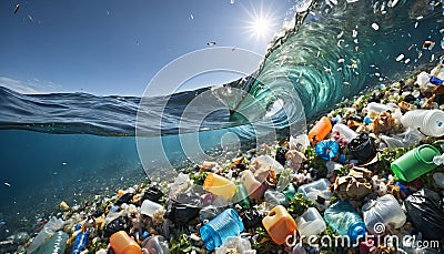 Free-floating industrial plastic waste in the ocean and on beaches, massively polluting coastal regions and waters Stock Photo