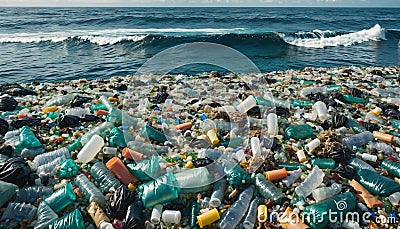 Free-floating industrial plastic waste in the ocean and on beaches, massively polluting coastal regions and waters Stock Photo