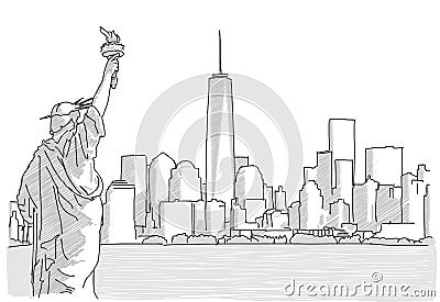 Free hand sketch of New York City Skyline with Statue of Liberty Vector Illustration