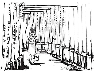 Free hand sketch World famous : Women in kimono stand at Torii gates in Fushimi Inari shrine Vector Illustration