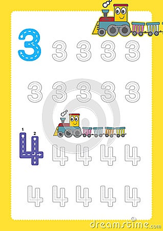 Free handwriting pages for writing numbers Learning numbers, Numbers tracing worksheet for kindergarten with train cartoon train c Vector Illustration