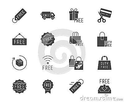 Free label black silhouette icons. Vector illustration included icon as gratis delivery truck, shipping, wifi, download Vector Illustration