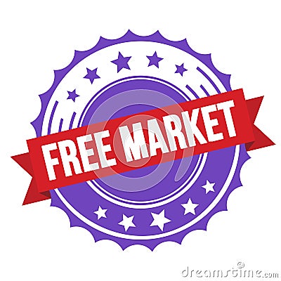 FREE MARKET text on red violet ribbon stamp Stock Photo
