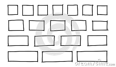 Free outline hand drawn vector squares, rectangles different sizes. Scribble rectangular frames set. Freehand square Vector Illustration