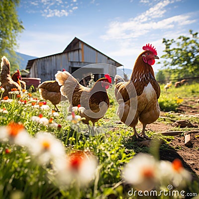 Free range chicken farm and sustainable agriculture. Organic poultry farming. Chickens roaming free in sustainable and animal- Stock Photo