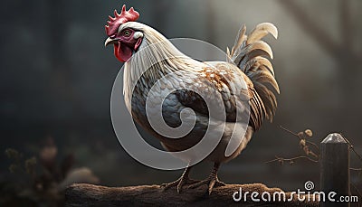 Free range rooster stands proud in grassy meadow generated by AI Stock Photo
