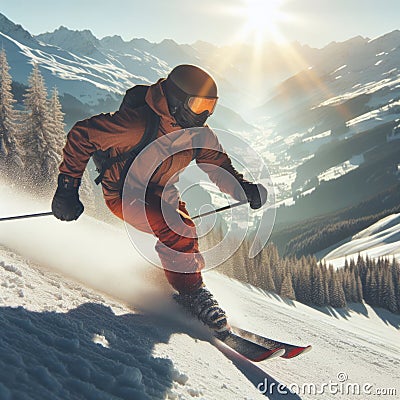 Free ride skier moving downhill on sunny snow covered Alpine slope Stock Photo