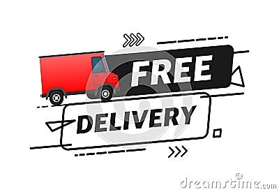 Free shipping delivery. Advertisement Label. Badge with truck. Vector Illustration