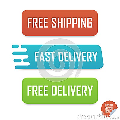 Free shipping, fast delivery and free delivery buttons. Isolated buttons for website or mobile application. Stock Photo