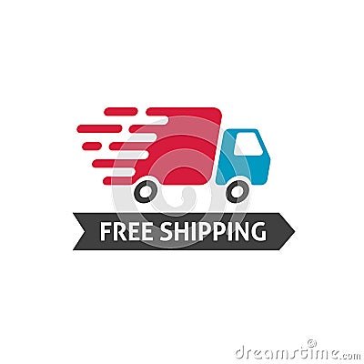 Free shipping icon vector, truck moving fast and free shipping text label, fast delivery badge isolated on white Vector Illustration