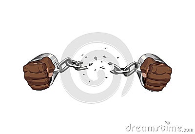 Free slave broken handcuffs chain. African hands. Vector graphic illustration Cartoon Illustration