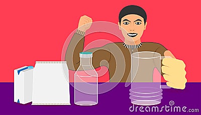 free space on bottle box bag for your drink promotion. a man show a glass and big muscle from product recommended. Vector Illustration