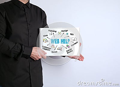Web Help, website development Concept. Man with a notebook on white background Stock Photo
