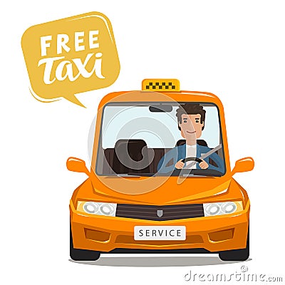 Free taxi, concept. Happy driver rides a car. Cartoon vector illustration Vector Illustration