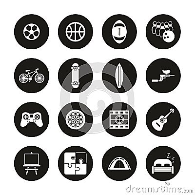 Free Time Or Hobby Icons White On Black Circle Set Vector Illustration