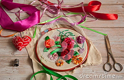 Free time. I like to embroider with ribbons. Stock Photo