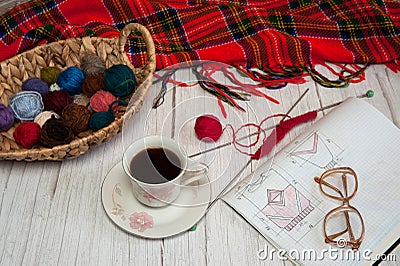 Free time. I`m learning to knit. Stock Photo