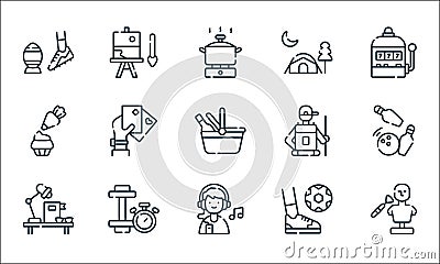 free time line icons. linear set. quality vector line set such as sculpt, listen, study, play, dumbbell, baking, hiking, camping Vector Illustration