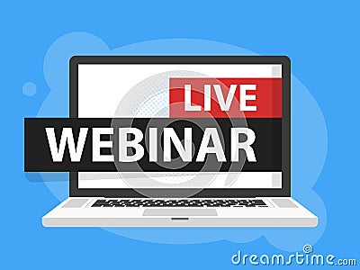 Free webinar play online button vector illustration in Laptop notebook computer screen. Vector illustration Vector Illustration