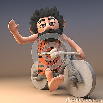 Free wheeling caveman with animal pelt and beard riding on his stone age bike, 3d illustration Cartoon Illustration