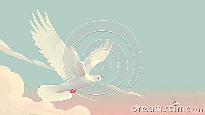 A free white pigeon flies in the sky spreading wings. Peace, hope, love, freedom symbol. Modern flat illustration. Cartoon Illustration