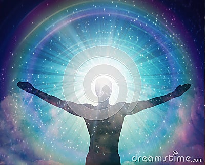 Man universe, meditation, healing, human body energy beams Stock Photo