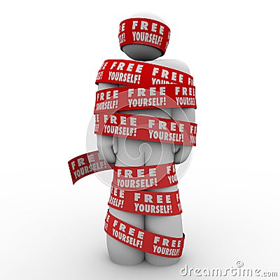 Free Yourself Tape Wrapped Around Man Fight Back Stock Photo