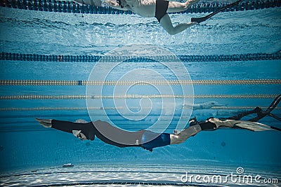 Freediver Dynamic with Monofin Performance from Underwater Editorial Stock Photo