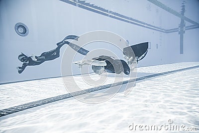 Freediver Dynamic with Monofin Performance from Underwater Editorial Stock Photo