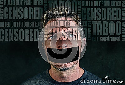 Freedom advertising composite with words like censored and taboo composed into face of young sad man with mouth sticky duct tape Stock Photo