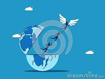 Freedom in the business world. Businessman team leader with wings flying out of the earth Vector Illustration